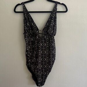 Black Maternity One-Piece Swimsuit with White Geometric Print